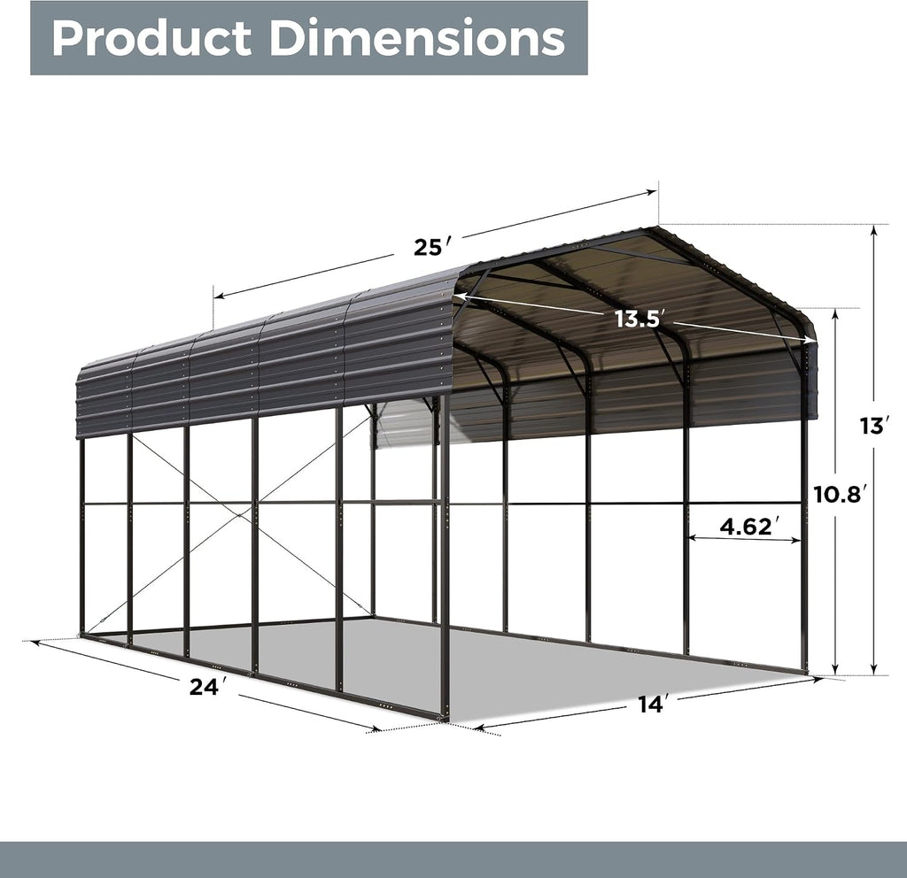 GREEN PARTY 14 x 25 x 13 ft Metal RV Carport Kits with Galvanized Steel Roof, Heavy Duty 2 Car Outdoor Car-Shed Canopy, Car Tent Metal Garage Shelter for RV, SUV, Truck, Tractors and Boats, Gray