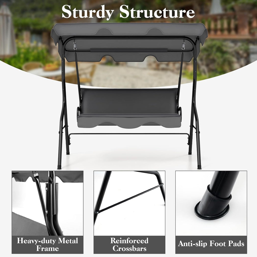 DREAMADE Porch Swing Outdoor, 3 Person Patio Swing w/Removable Cushion, Stand & Adjustable Canopy, Heavy Duty Swing Chair for Patio, Garden, Courtyard, Poolside