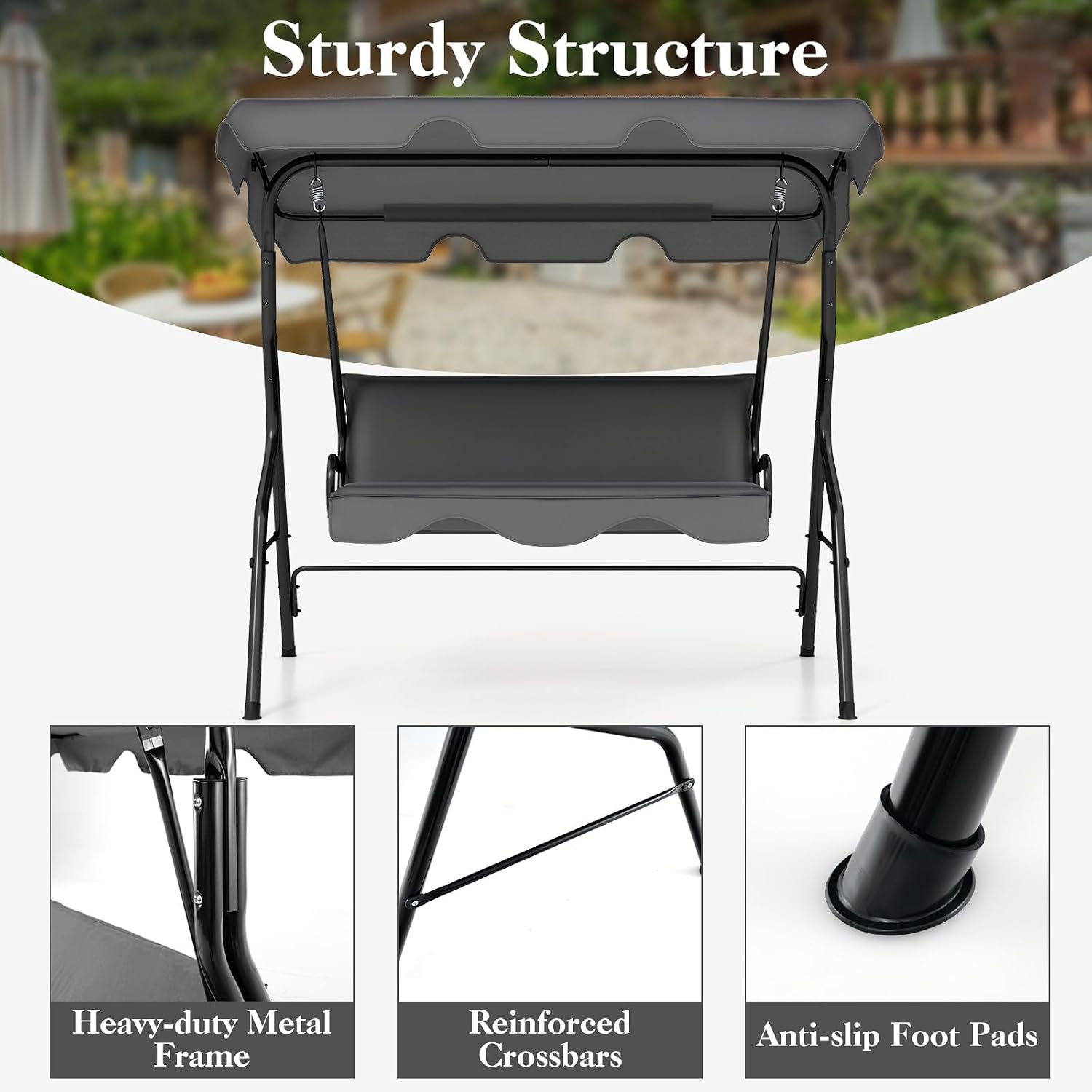 DREAMADE Porch Swing Outdoor, 3 Person Patio Swing w/Removable Cushion, Stand & Adjustable Canopy, Heavy Duty Swing Chair for Patio, Garden, Courtyard, Poolside