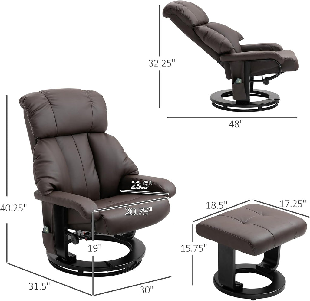 HOMCOM Massage Recliner Chair with Ottoman, 360° Swivel Recliner and Footstool, 10 Point Vibration, PU Leather Reclining Chair with Side Pocket and Remote Control, Brown