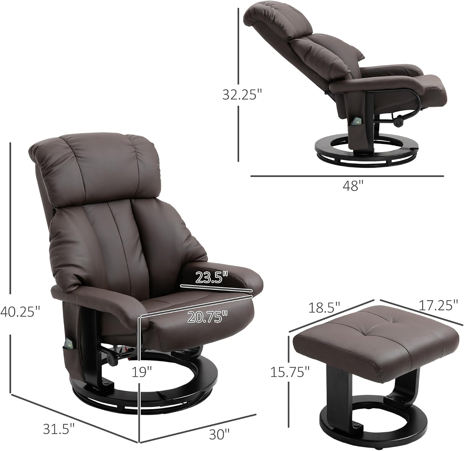 HOMCOM Massage Recliner Chair with Ottoman, 360° Swivel Recliner and Footstool, 10 Point Vibration, PU Leather Reclining Chair with Side Pocket and Remote Control, Brown