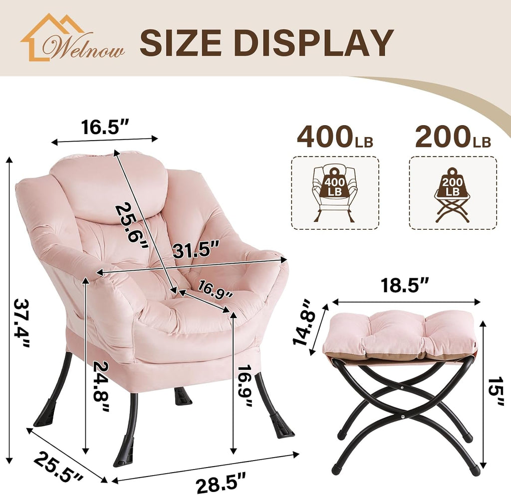 Welnow Lazy Chair with Ottoman, Modern Accent Chair with Armrests and a Side Pocket, Leisure Sofa Armchair, Reading Armchair with Footrest for Small Space, Pink