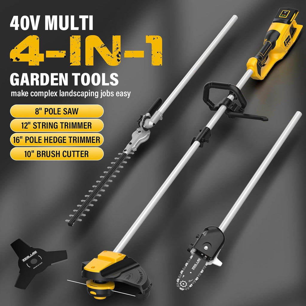 ZEGJAW 40V Weed Wacker Cordless, 8-Inch Pole Saw, Hedge Trimmer and Brush Cutter, 4-in-1 Multi Garden Tools with 2X20V 4.0Ah Batteries and Charger