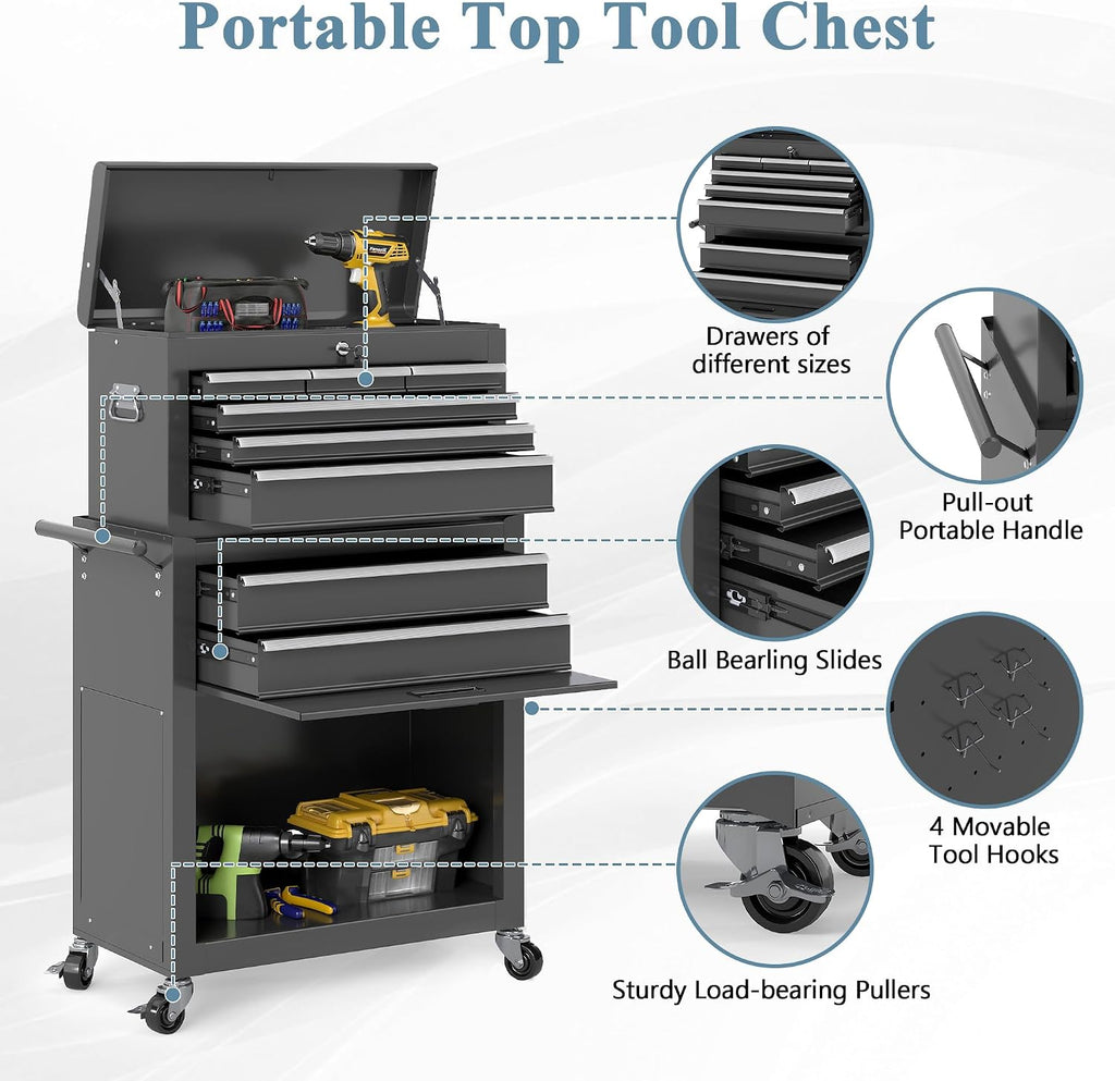 Tool Chest, 8 Drawers Rolling Tool Cabinet, Removable Cabinet Storage Tool Box with Hooks and Liners,Universal Lockable Wheels
