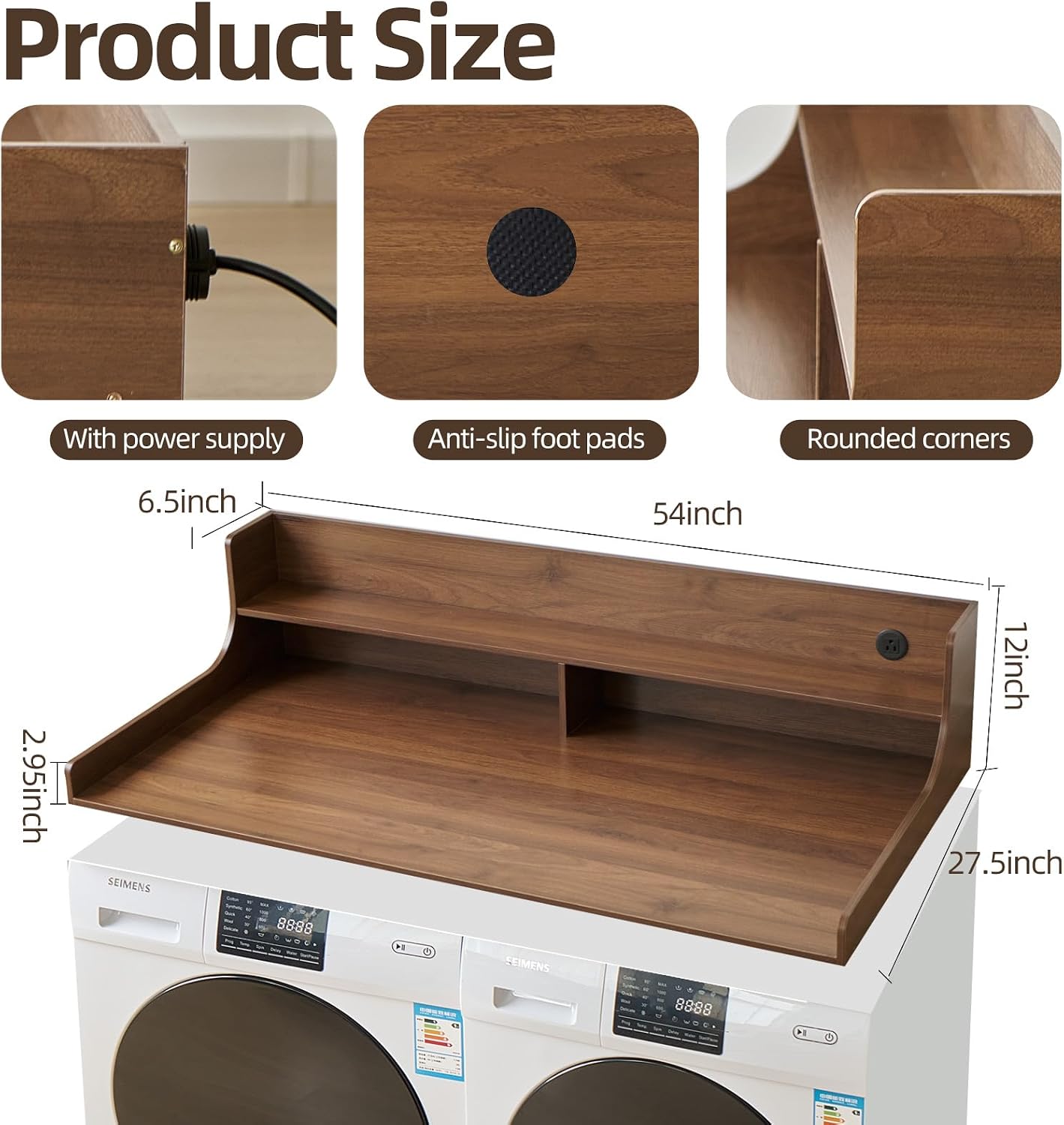 2-Tier Washer and Dryer Countertop 54' W x 27.5' D – laundry countertop over washer and dryer with Power Plug, washer countertop for Laundry Room Organization