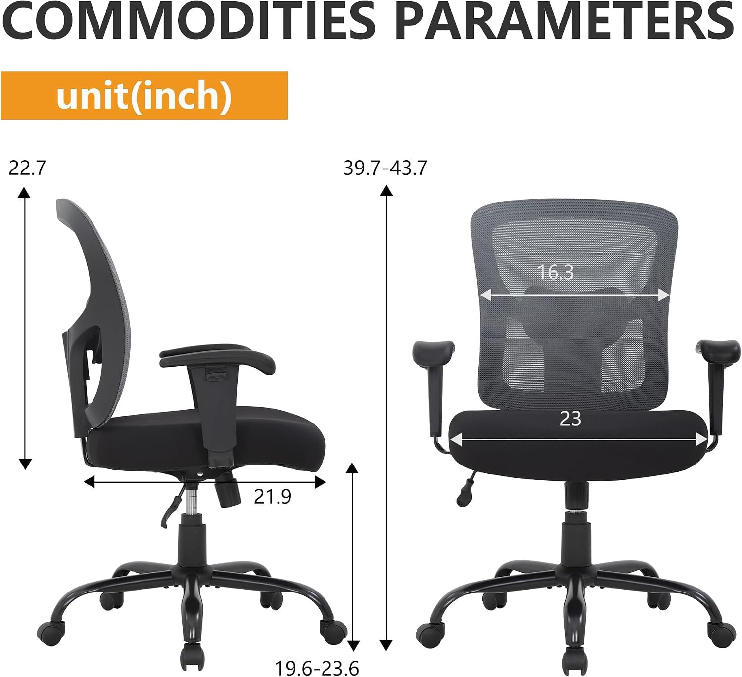 BestOffice Big & Tall Office Chair, 400 lb Capacity Mesh Desk Seating with Lumbar Support, Wide Seat, Adjustable Arms, Rolling Swivel High-Back Ergonomic Executive Task Model for Home Office, Grey