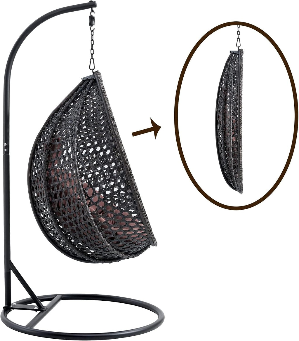 Egg Swing Chair with Stand,Black Hanging Egg Chair with Stand, Rattan Swing Egg with Soft Cushion, Outdoor Hanging with Foldable Basket & Metal Stand for Bedroom Patio (Black)