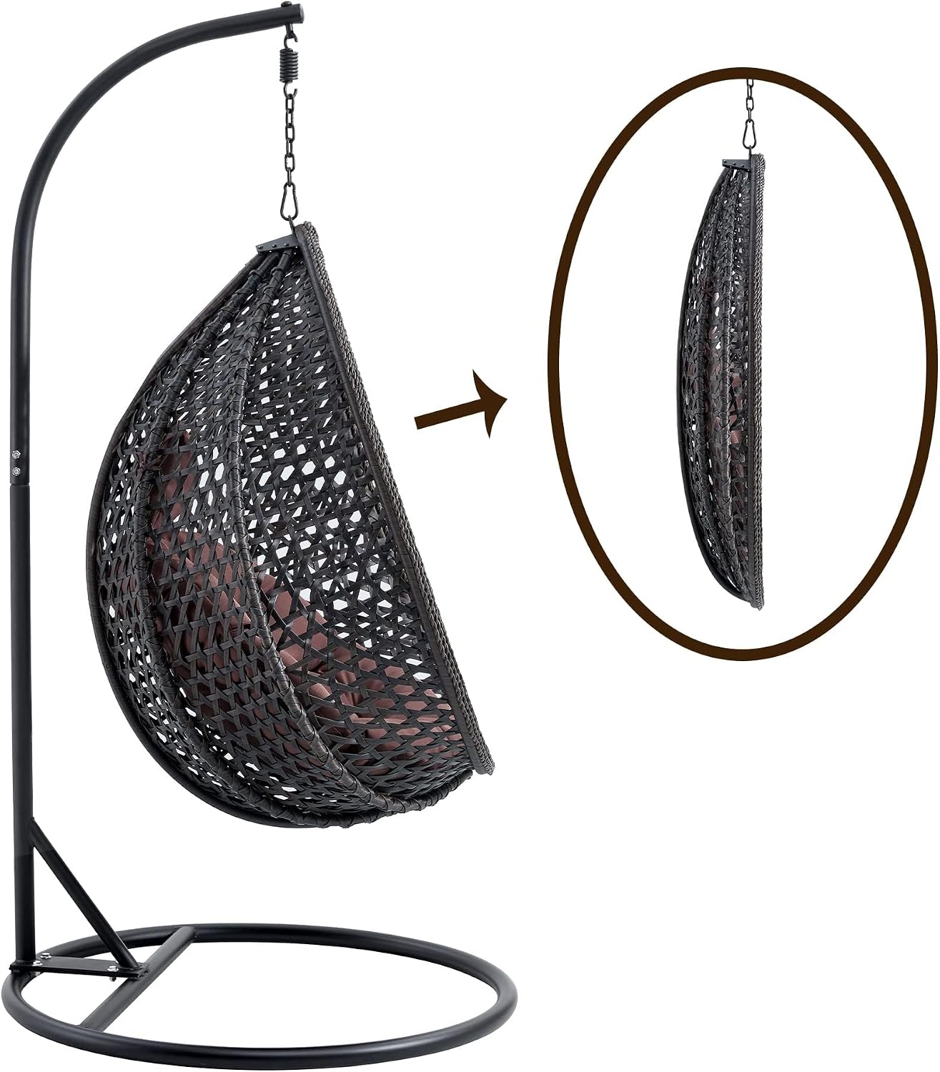 Egg Swing Chair with Stand,Black Hanging Egg Chair with Stand, Rattan Swing Egg with Soft Cushion, Outdoor Hanging with Foldable Basket & Metal Stand for Bedroom Patio (Black)
