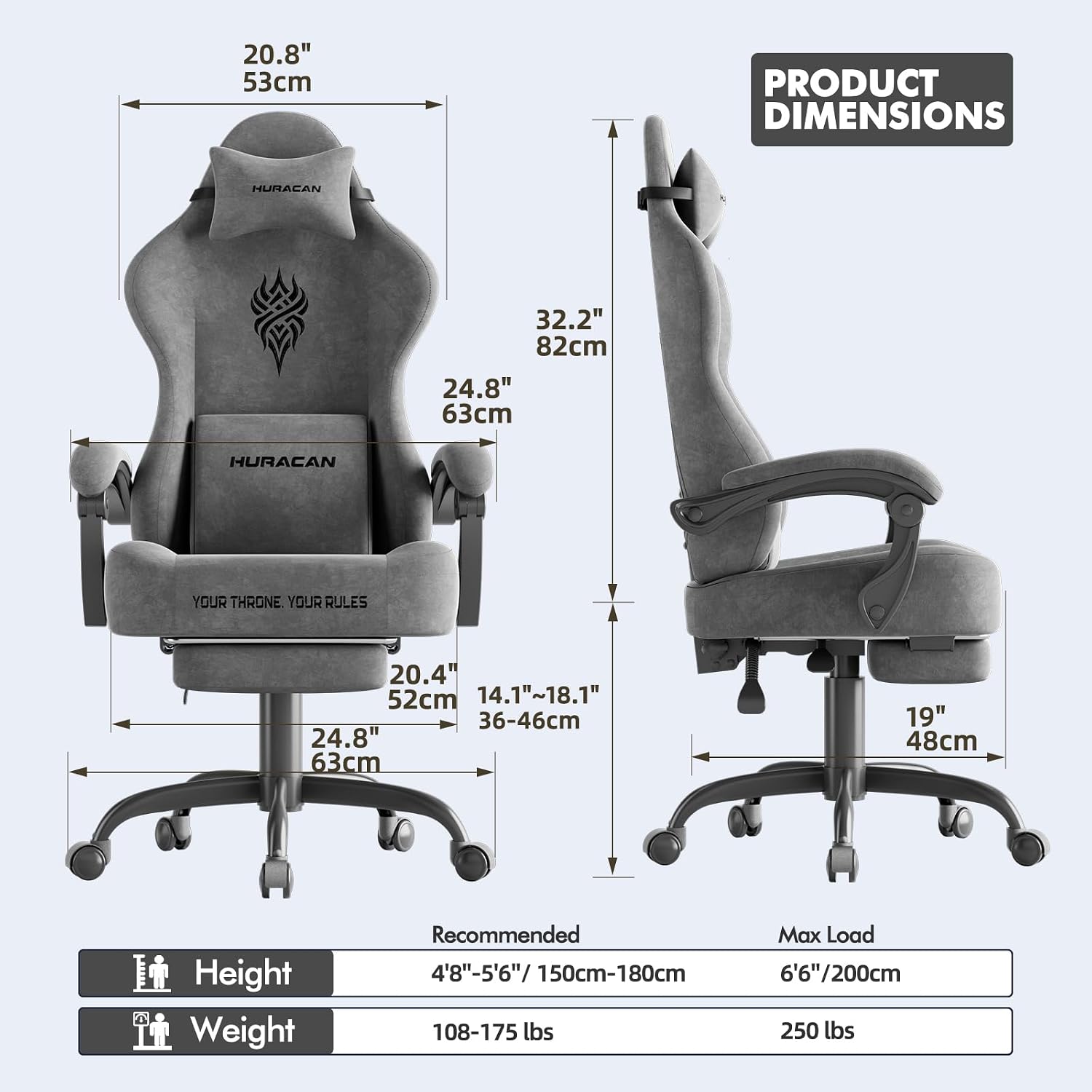 Ferghana Velvet Fabric Gaming Chair with 20.5″ Wider Seat Cushion, Fire Embroidery Ergonomic High Back Game Chair with Footrest, Computer Chair with Massage Lumbar Support for Adult, Gray