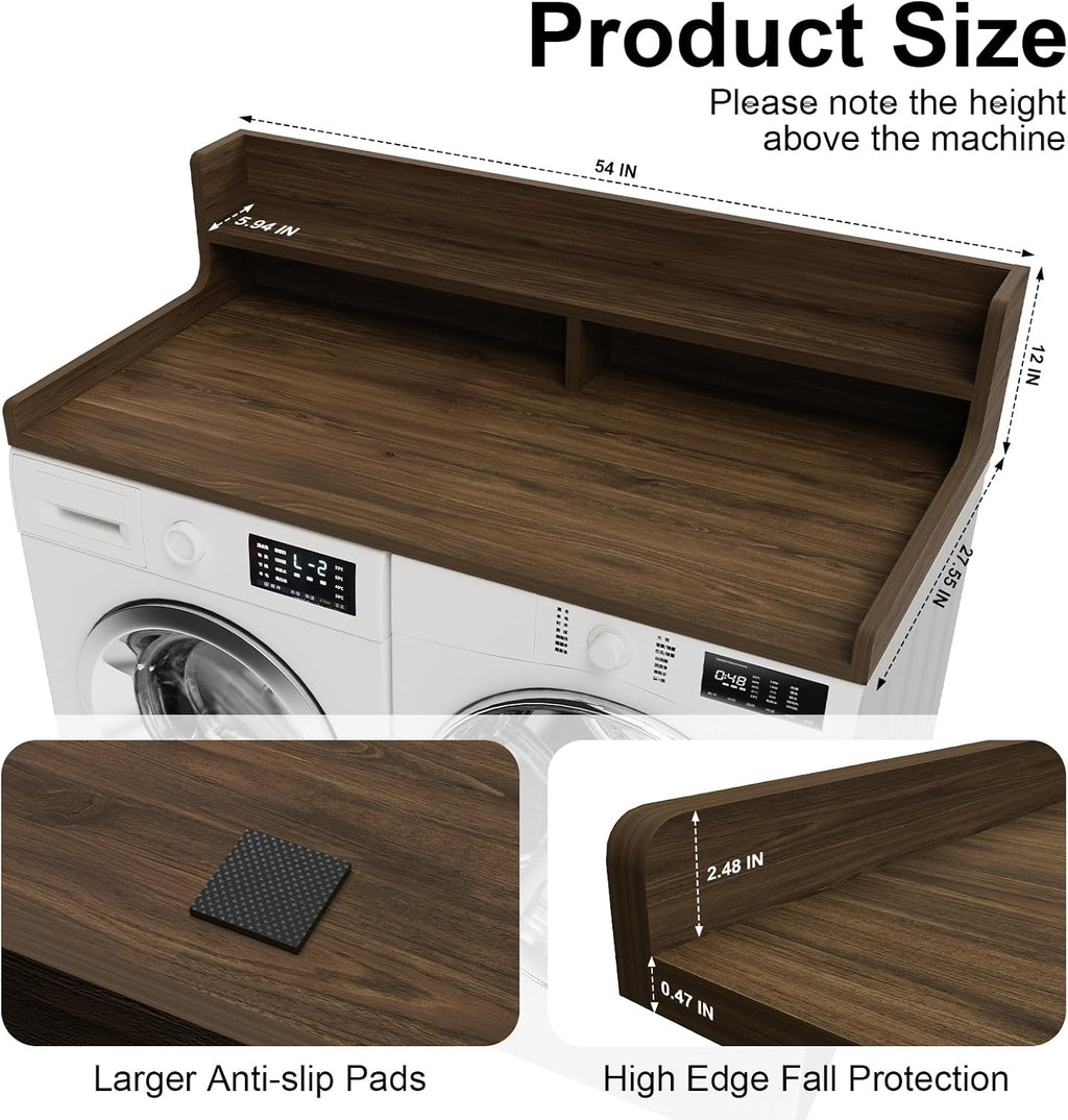 Washer Dryer Countertop, 54' x 27.55' 2-Tier Washer Dryer Topper with Edge, for Laundry Room Organization Walnut Brown