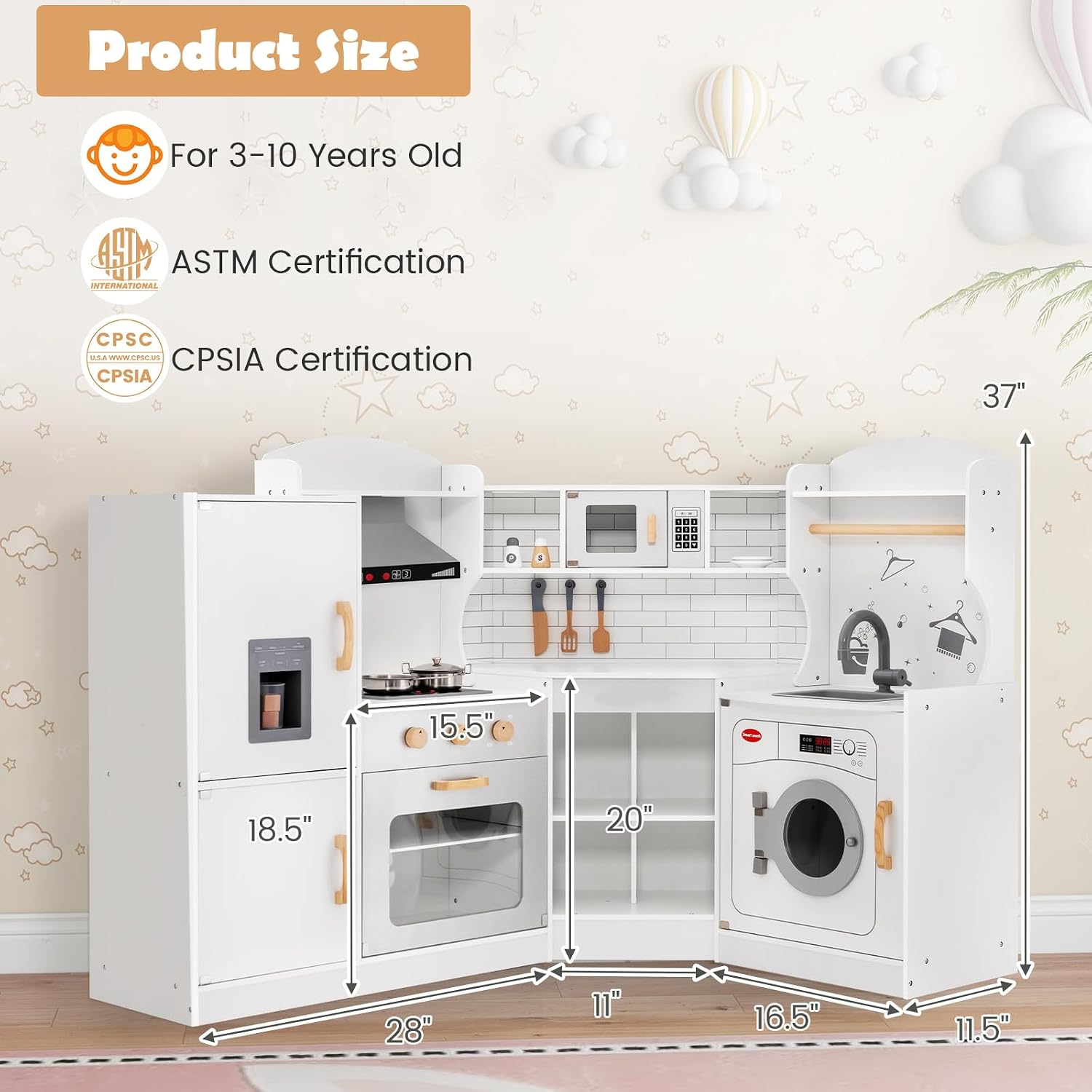 Costzon Corner Kids Kitchen Playset, Wooden Play Kitchen with Sounds & Lights, Washing Machine, Range Hood, Ice Maker, Microwave, Oven, Sink, Pretend Toy Kitchen Set for Toddler, Gift for Boys Girls