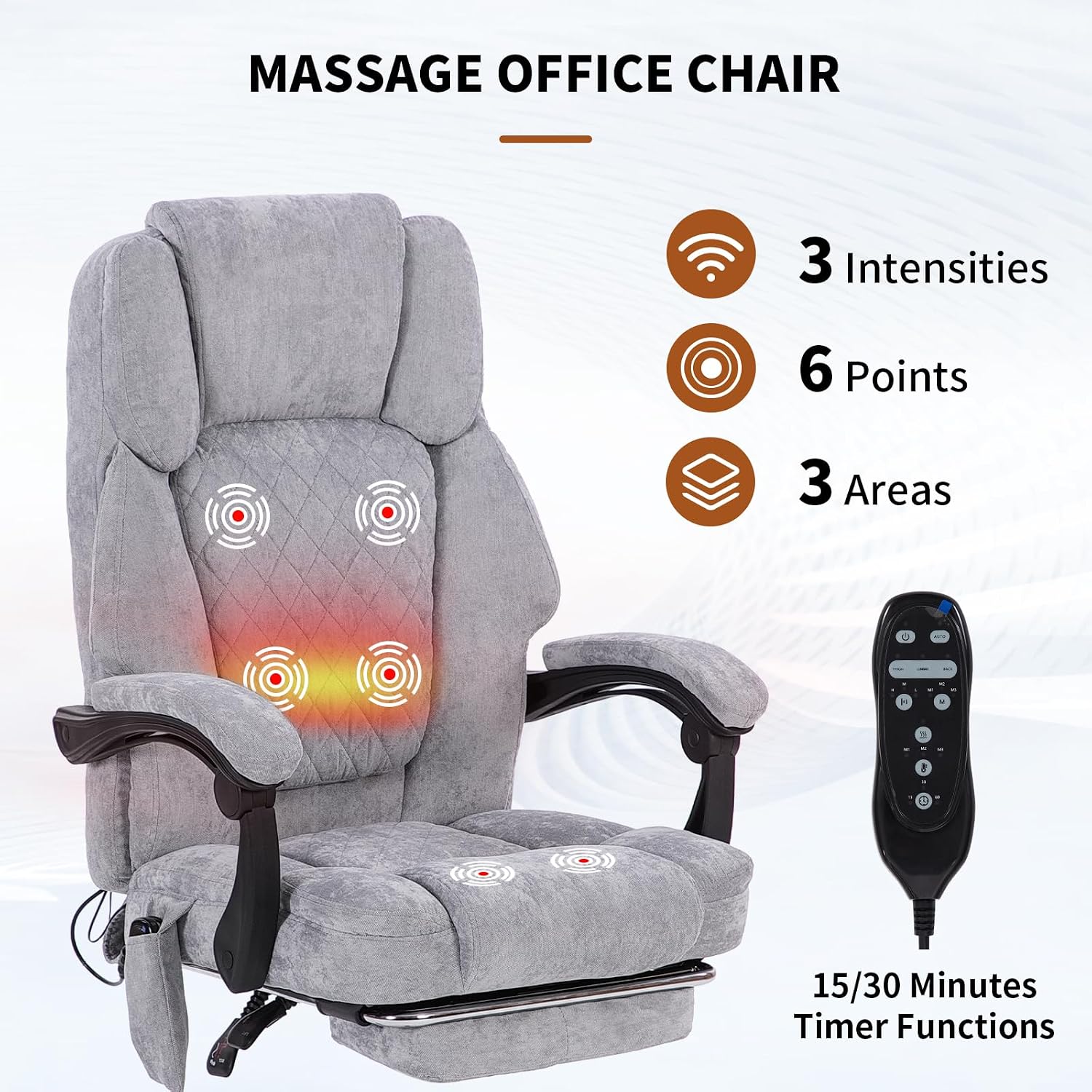 Massage Office Chair with Foot Rest,High Back & Heat 6 Vibration Points, Executive Desk Chair,Big and Tall Office Chair 400lbs, Comfortable Ergonomic Reclining Managerial Chair, Grey