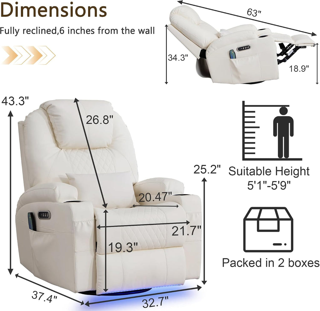 Dual Motor Power Swivel Rocker Recliner Chair with Heat and Massage,Electric Glider Rocking Chairs for Nursery,Theater Seating with LED Lights, USB A/USB C Ports for Living Room (1, Beige)
