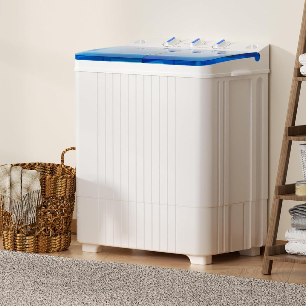 28lbs Portable Twin Tub Washing Machine & Spin Dryer Combo-Silver Ion Deep Cleaning, Dual Timer Control, Gentle/Normal Modes, Mini Laundry for Apartment, Dorm, RV, Camping (Blue)