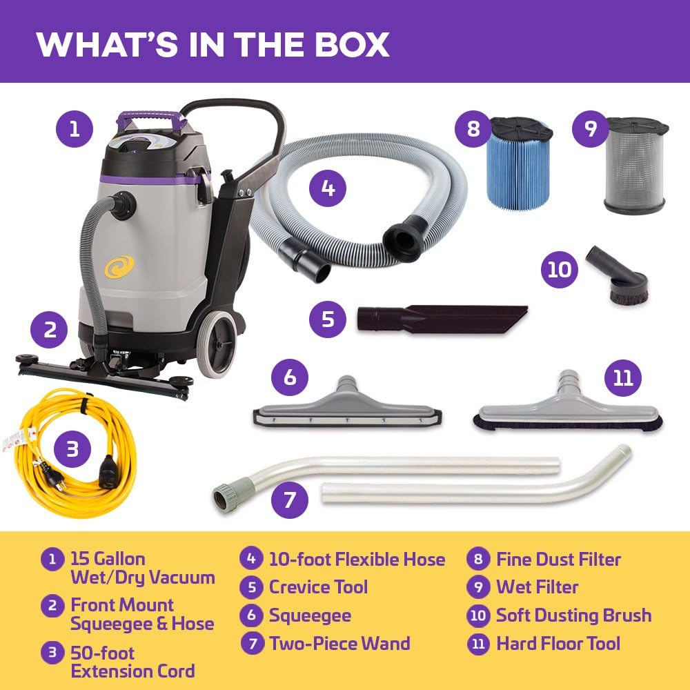 ProTeam Wet Dry Vacuums, ProGuard 15, 15-Gallon Commercial Wet Dry Vacuum Cleaner with Tool Kit and Front Mount Squeegee