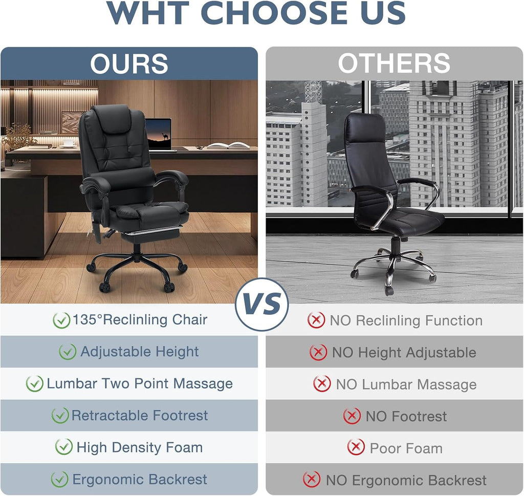 HOFFREE Massage Office Chair with Foot Rest 7 Points Vibration Ergonomic Executive Desk Chair Leather Computer Office Chair Black