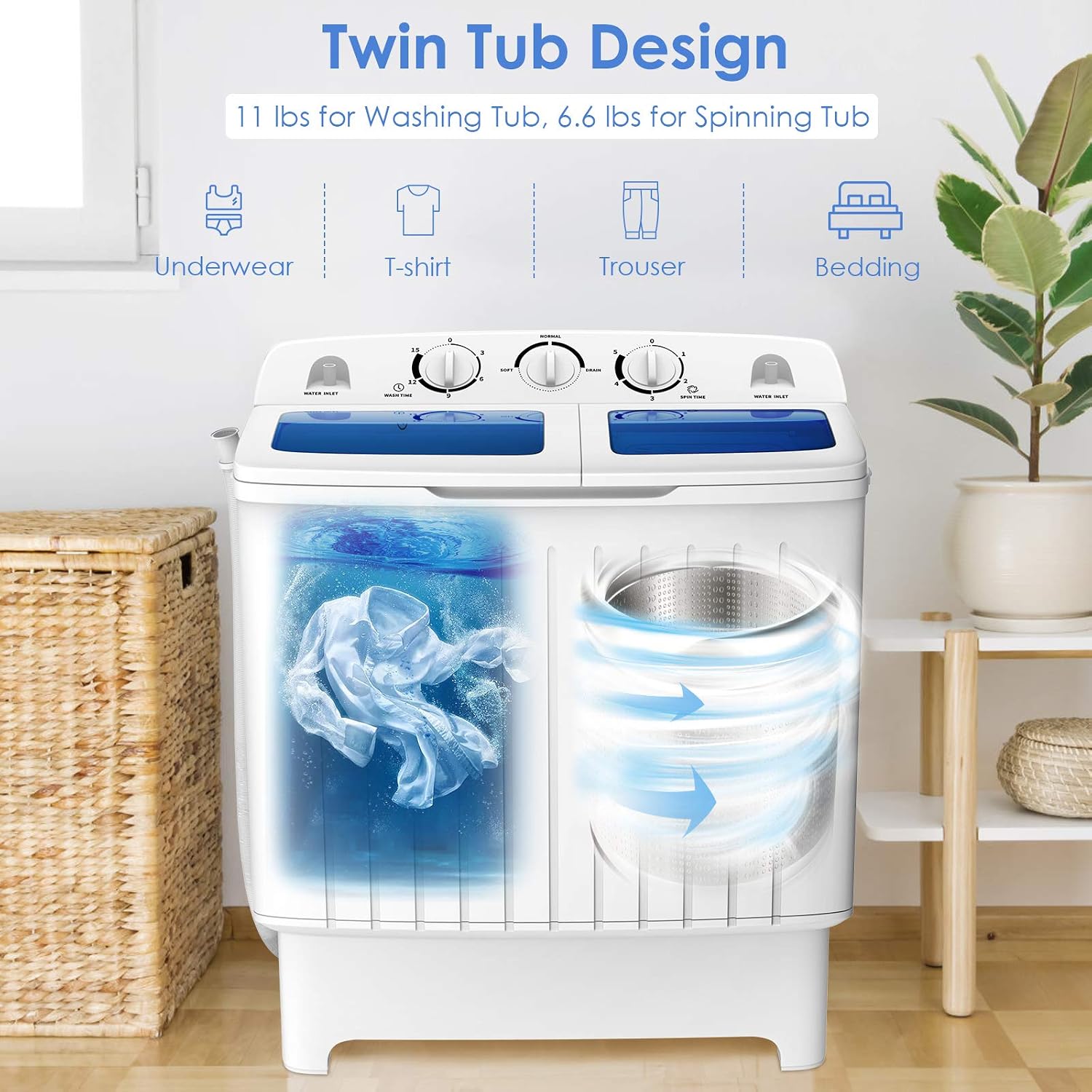 ARLIME Portable Washing Machine, 20lbs Mini Twin Tub Washing Machine w/Drain Pump, Semi Automatic 12lbs Compact Washer & 8lbs Spinner, Portable Washer Dryer Combo for Apartments Dorms RV Camping