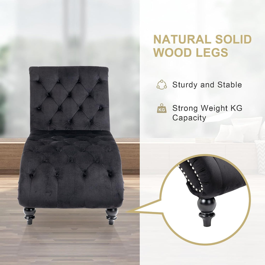 Velvet Chaise Lounge Indoor,Button-Tufted Upholstered Chaise Lounge Chair with Pillow for Bedroom Living Room Office Modern Backrest Leisure Recliner Sleep Sofa,Black