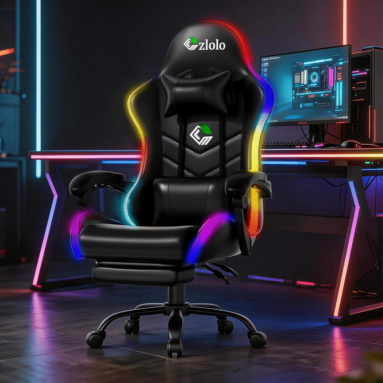 Czlolo Gaming Chair, 2026 Upgraded RGB LED Lights Computer Chair with Footrest, Lumbar Support Massager Gamer Chair, High Back, 90-135° Reclining, Linkage Armrests, Black