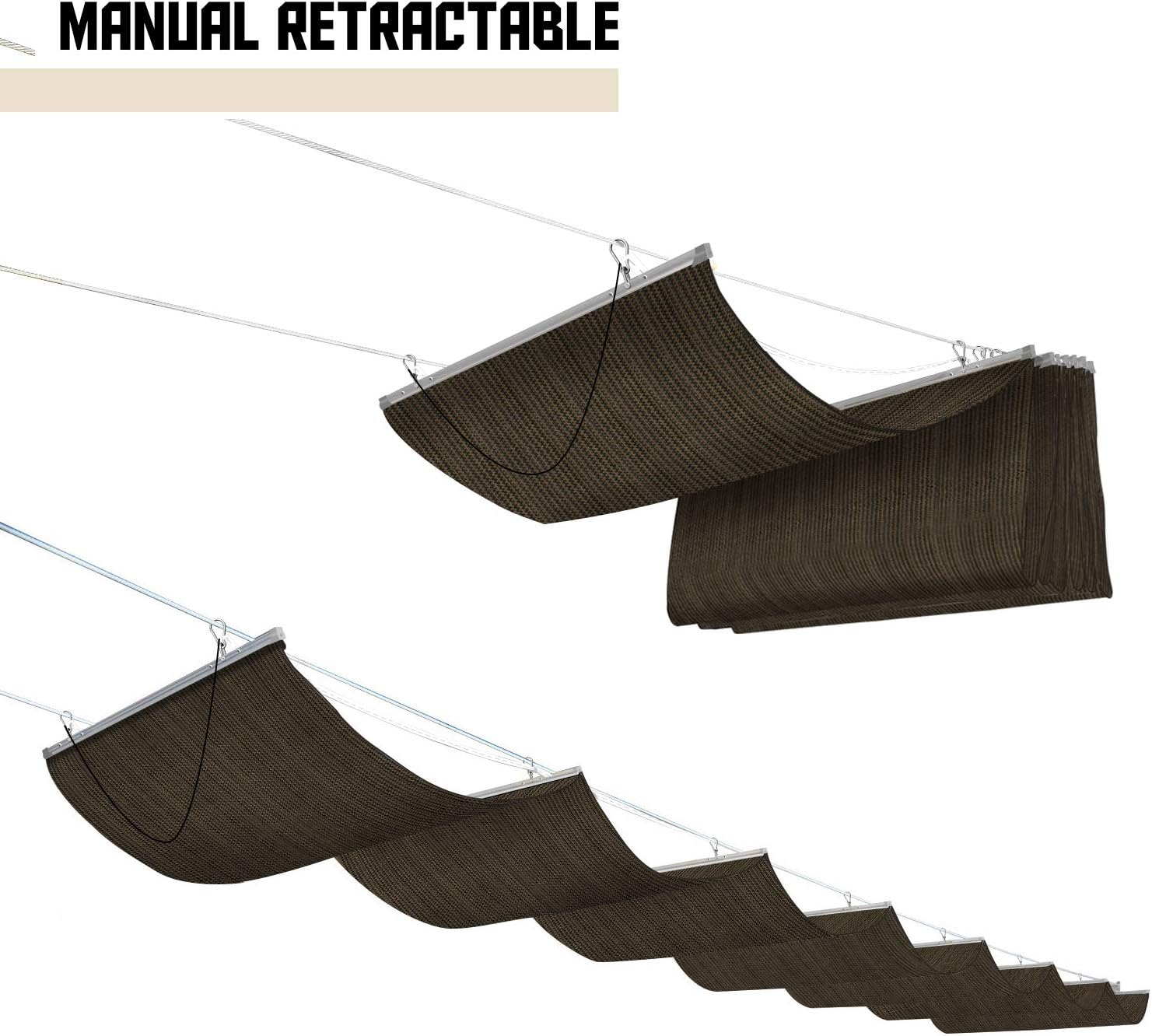 TANG 7' x 12' Pergola Cover Shade Canopy, Retractable Awning Sun Shades Outdoor Patio Pergolas Kit for Deck Backyard Gazebo, Wave Shade Sail with Hardware Wire Cable, Brown