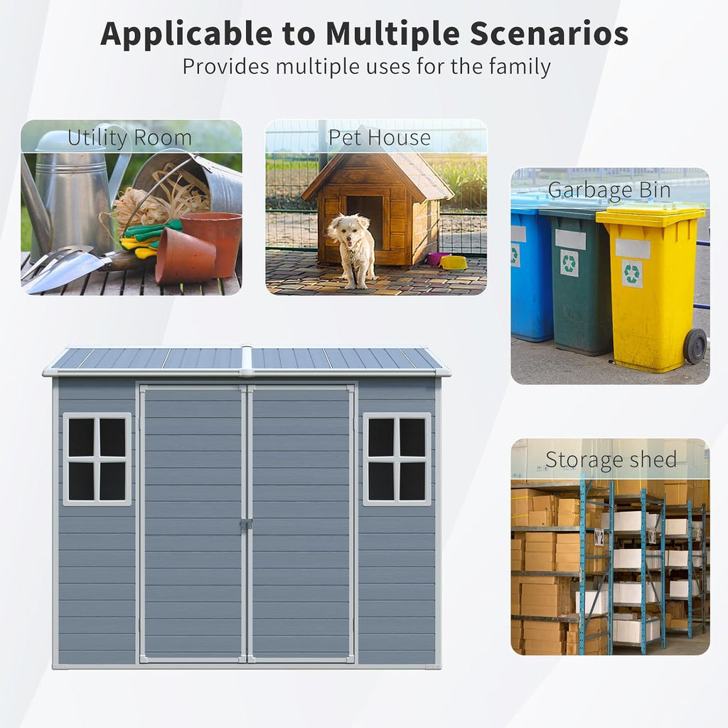 Plastic Storage Shed with Floor, Resin Shed with Floor, 8x4FT Outdoor Shed with 2 Windows and Lockable Door Sheds for Garden Tools, Bike
