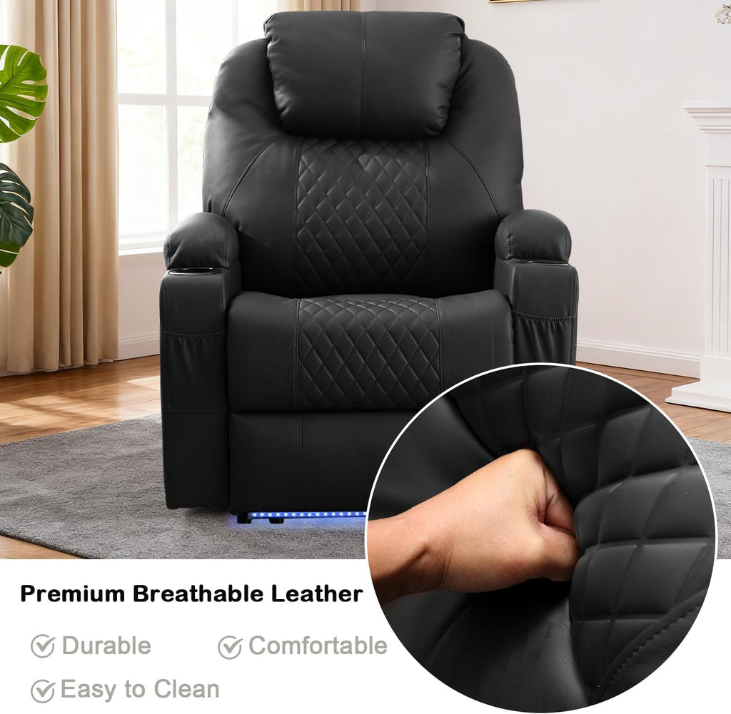 Power Recliner Chair with Heat and Massage for Adults - Home Theater Seating with LED Lights,Cup Holders,Side Pocket,USB Port - Recliner Sofa for Living Room (Black, Single Recliner)