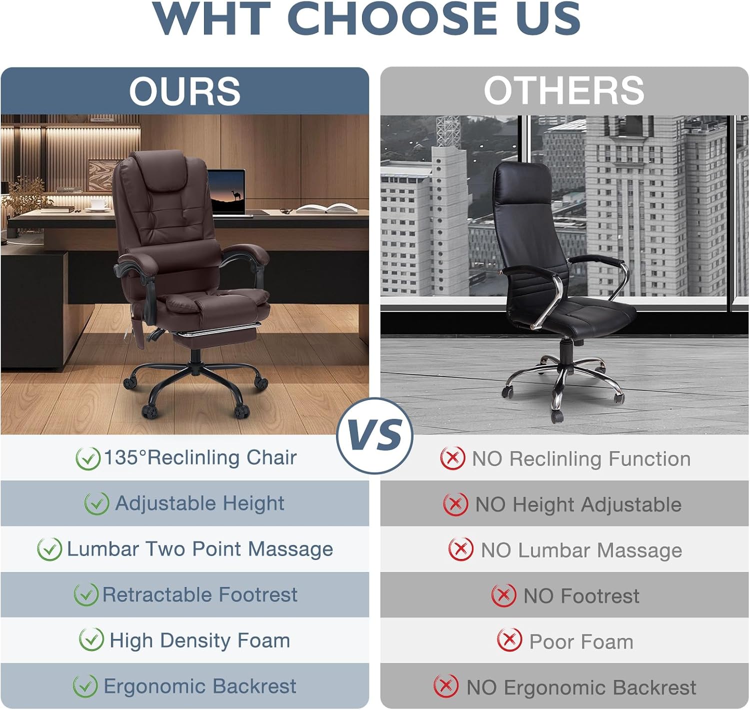 HOFFREE Massage Office Chair with Foot Rest 7 Points Vibration Ergonomic Executive Desk Chair Leather Computer Office Chair Brown