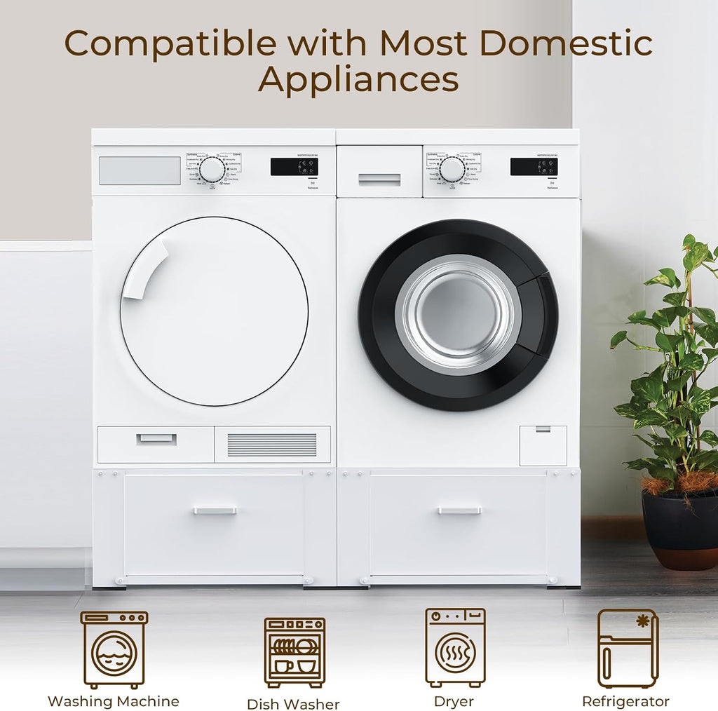SKM Washer and Dryer Pedestal with Drawer, Laundry Pedestal for Washer and Dryer Stand, Heavy Duty Steel Washing Machine Stand Height Raiser (2, white, 28' W x 29' D x 14' H)