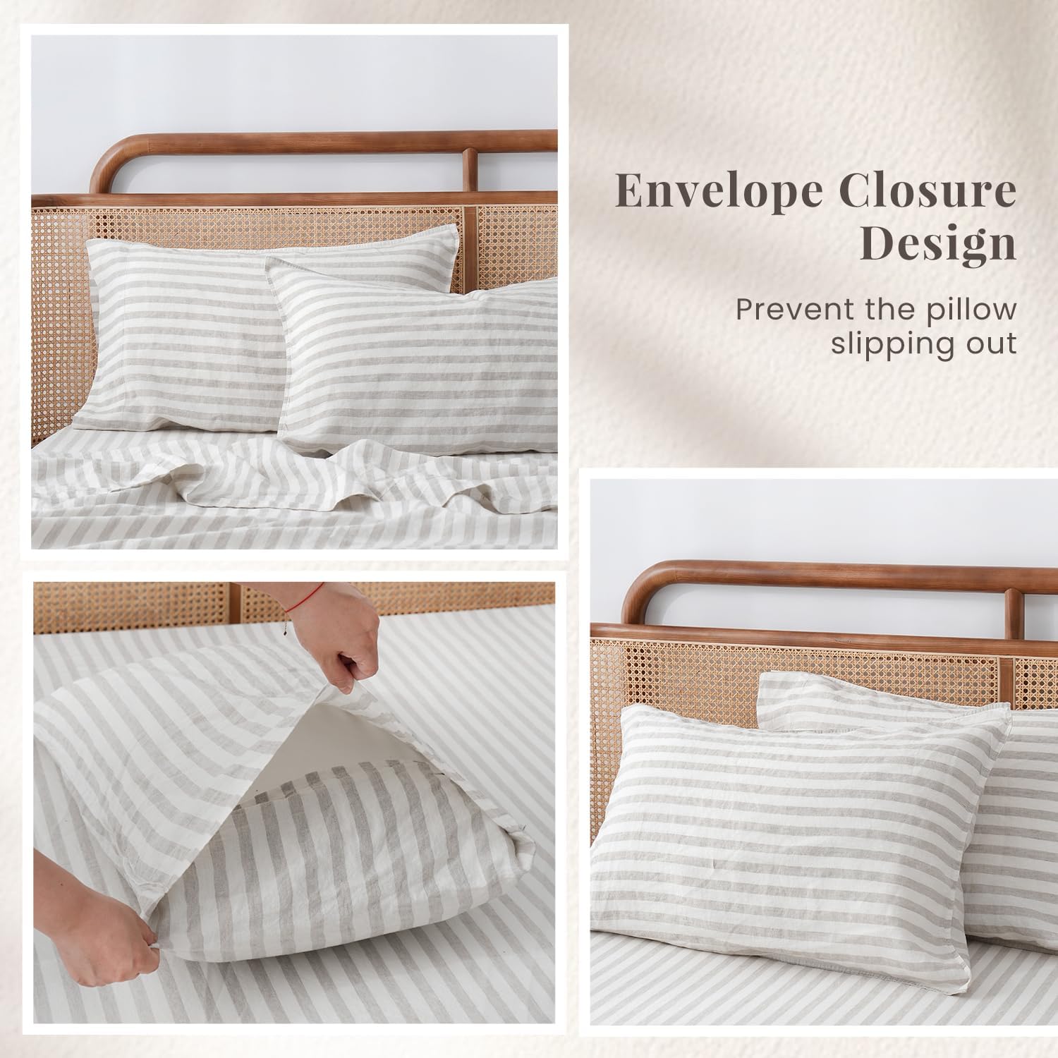 S VICTORY SYMBOL 100% Organic Linen Sheets Set,Yarn Dyed Classic Beige Striped Sheets,French Natural Stone Washed Flax Bedding Set King Size,4pcs Farmhouse Faux Bed Sheets