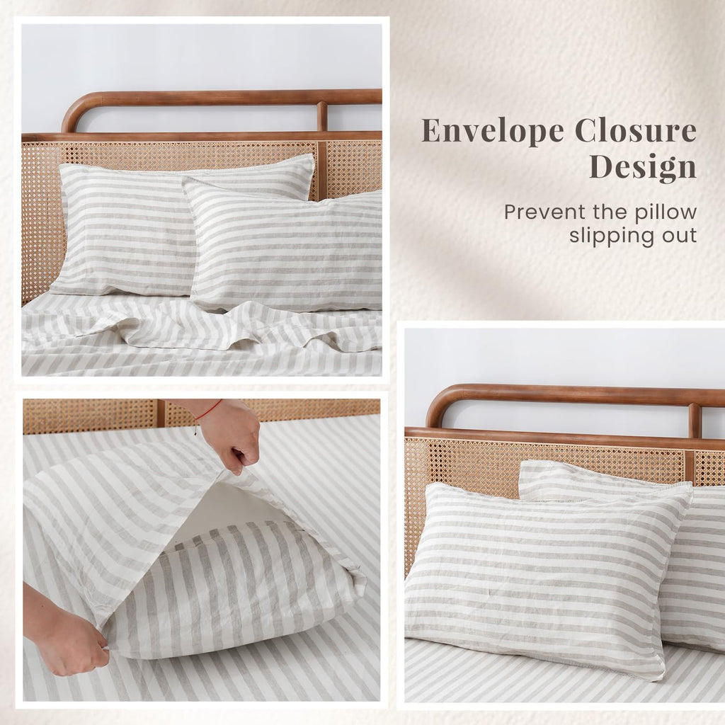 S VICTORY SYMBOL 100% Organic Linen Sheets Set Yarn Dyed Classic Beige Stripe,French Natural Stone Washed Flax Bedding Set,4pcs Bed Sheets Cal King Size,Comfy and Breathable
