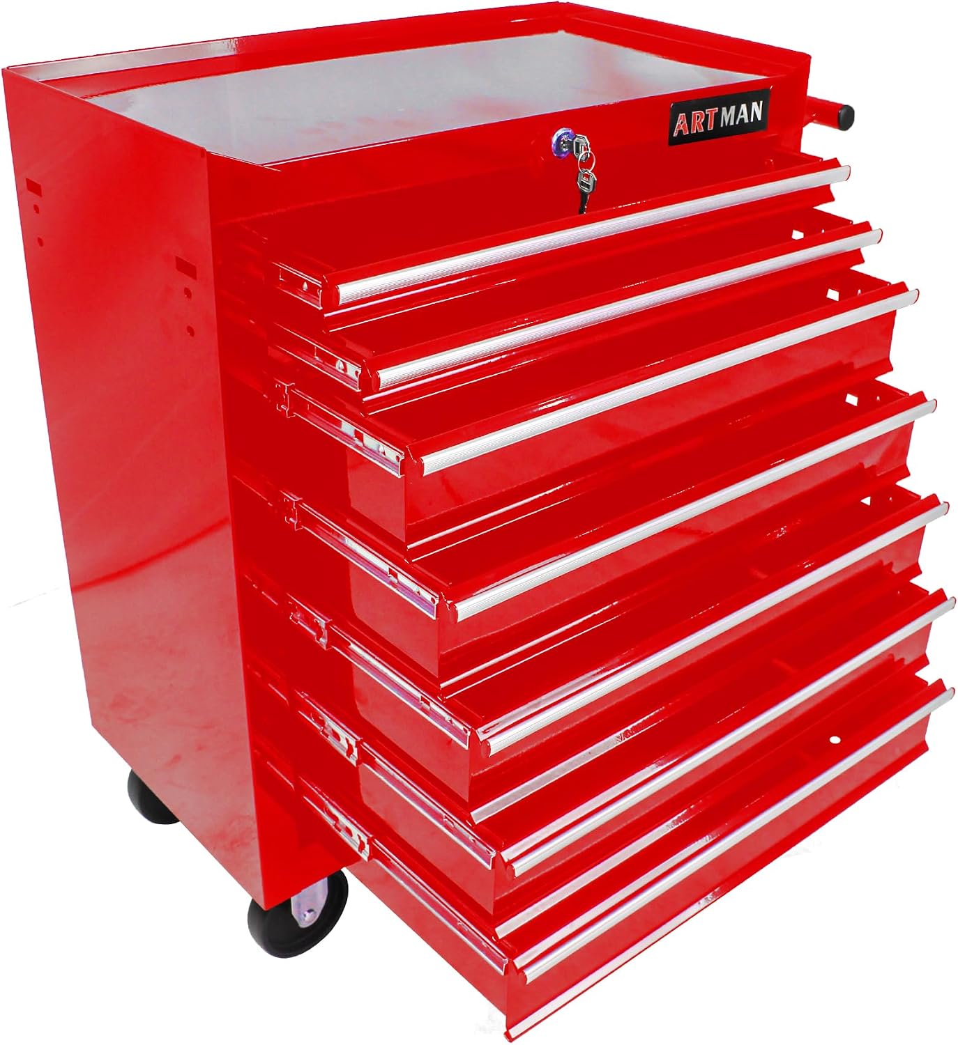 7-Drawers Multifunctional Tool Boxes on Wheels, Lockable 4' Casters Tool Cart Cabinet, Powder-coated Steel Rolling Tool Chest with Key for Garage, Warehouse, Repair Shop, 231LBS Capacity - Red
