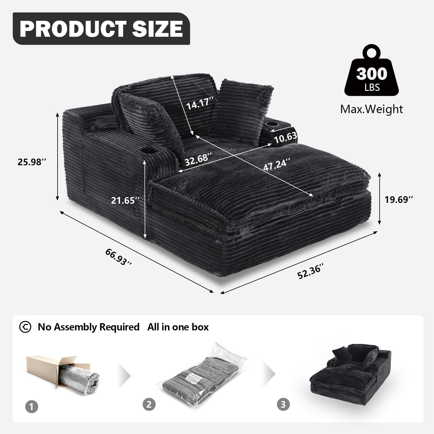 67' Oversized Chaise Lounge Chair Indoor, Soft Boneless Cloud Couch with 3 Pillows, 4 Side Pockets and 2 Cup Holders, Comfy Corduroy Sleeper Couch for Living Room Bedroom