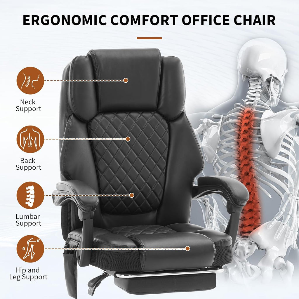 Massage Office Chair with Footrest, Heated Reclining Office Chair for Heavy People 400 lbs,High Back Executive Leather Home Desk Chair 6 Vibration Points,Ergonomic Managerial Chair, Black