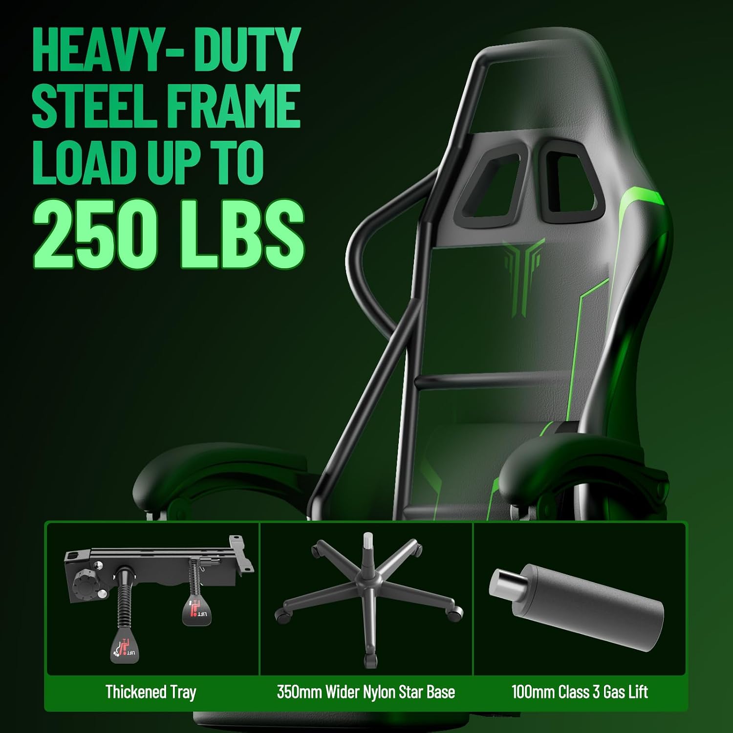 Ferghana Gaming Chair, PU Leather Ergonomic Computer Chair with Massage Lumbar Support, High Back Office Game Chair with Footrest and Linkage Armrest for Adult, Grey/Black/Green