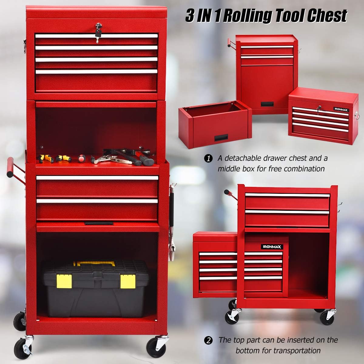 S AFSTAR 6-Drawer Rolling Tool Chest, High Capacity Tool Storage Cabinet with Wheels and Locking System, Removable Toolbox Organizer with Sliding Drawers (Red)