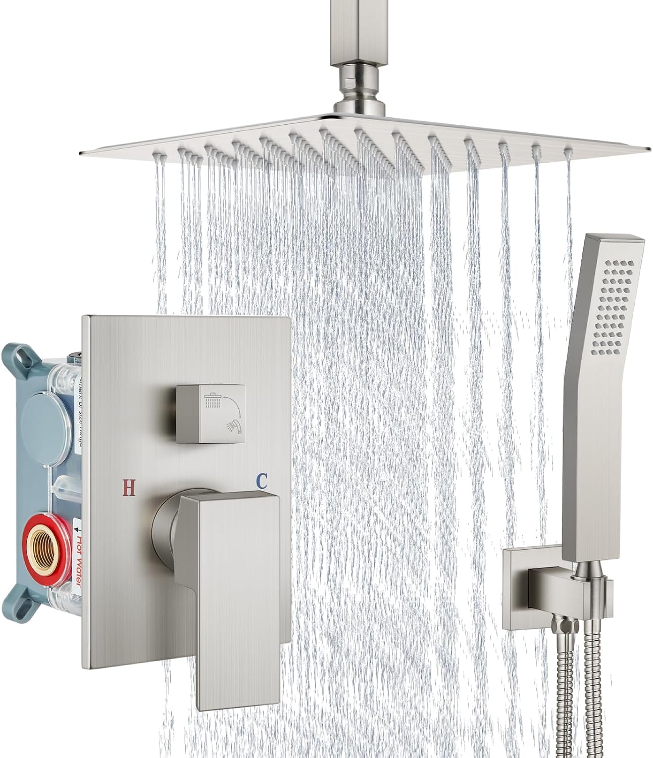 Aolemi Ceiling Mount Shower System Rain Shower Head with Handheld Spray High Pressure Shower Faucet Set Rough-in Valve Shower Trim Kit Included Bathroom Brushed Nickel 8 Inch Ceiling Shower Head