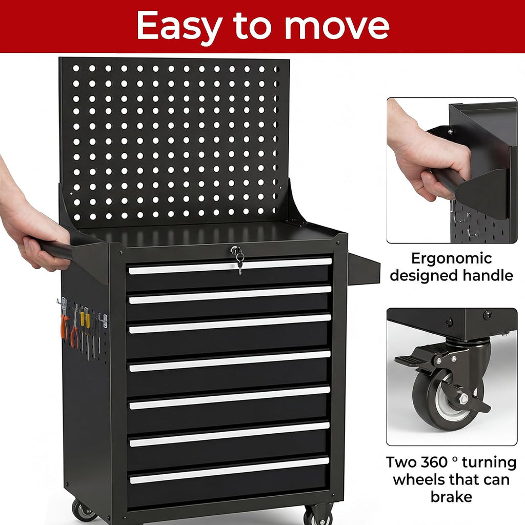Rolling Tool Chest with Wheels, 7 Drawers Tool Storage Cabinet, Portable Metal Tool Box Organizer with Lock, Tool Cart on Wheels Toolbox Workbench for Garage, Workshop, Warehouse(Required Assembly)