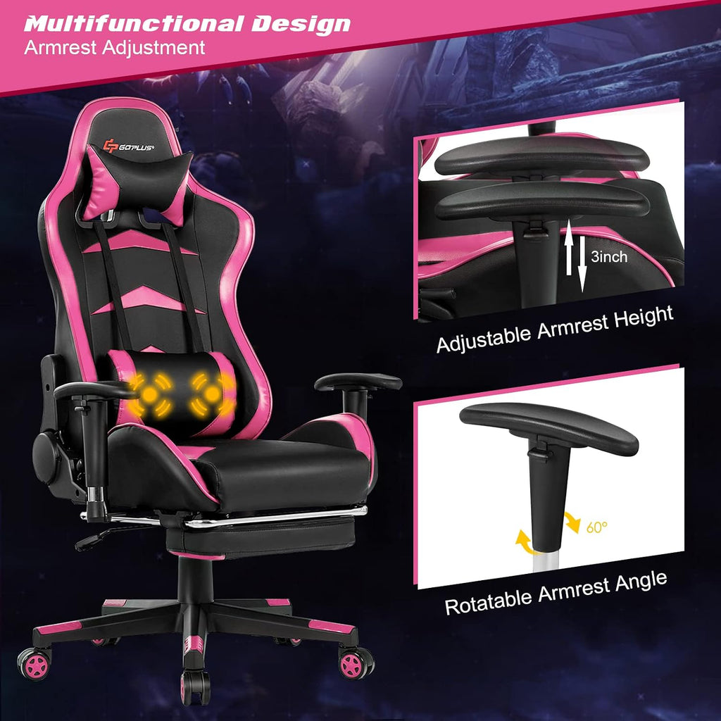 GORELAX Massage Gaming Chair, Reclining Computer Chair w/Lumbar Support, Adjustable Arms, Footrest, High Back Racing Style Ergonomic Home Office Chair for Heavy People (Pink)