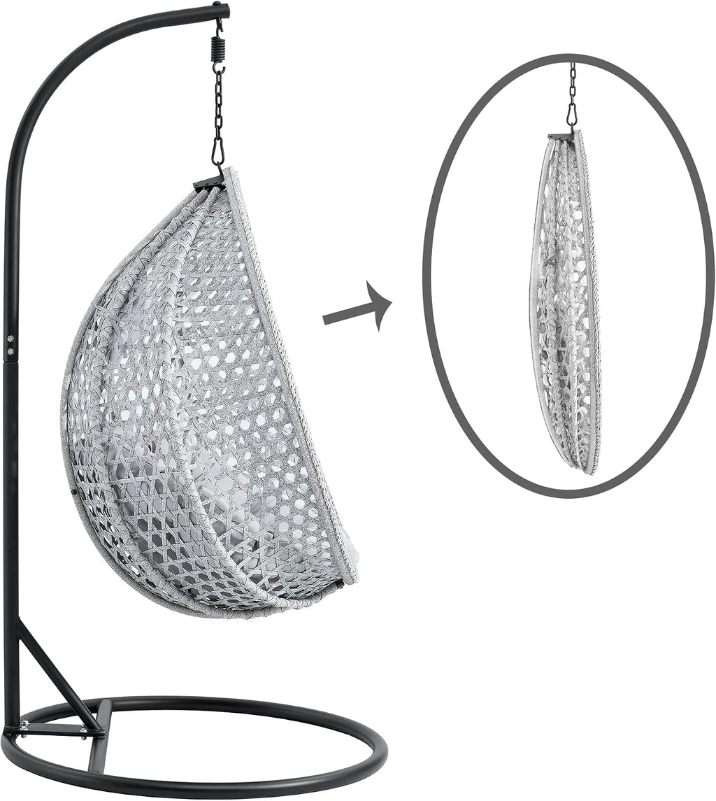 Egg Swing Chair with Stand,Grey Hanging Egg Chair with Stand, Rattan Swing Egg with Soft Cushion, Outdoor Hanging with Foldable Basket & Metal Stand for Bedroom Patio (Gray)