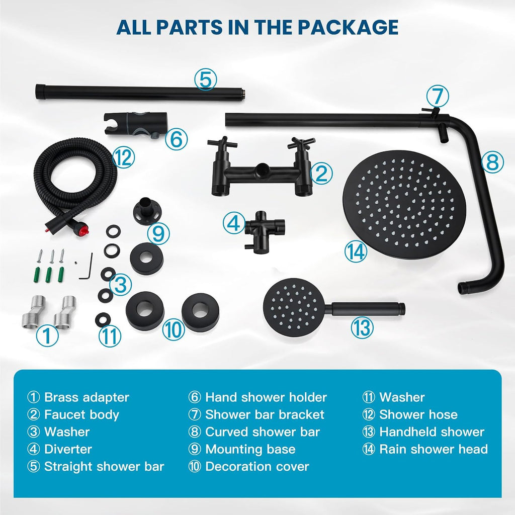 gotonovo SUS304 Outdoor Shower Fixture High Pressure Shower System Combo Wall Mount 2 Dual Function Shower Faucet Set Round Handheld Spray Matte Black Double Cross Handle