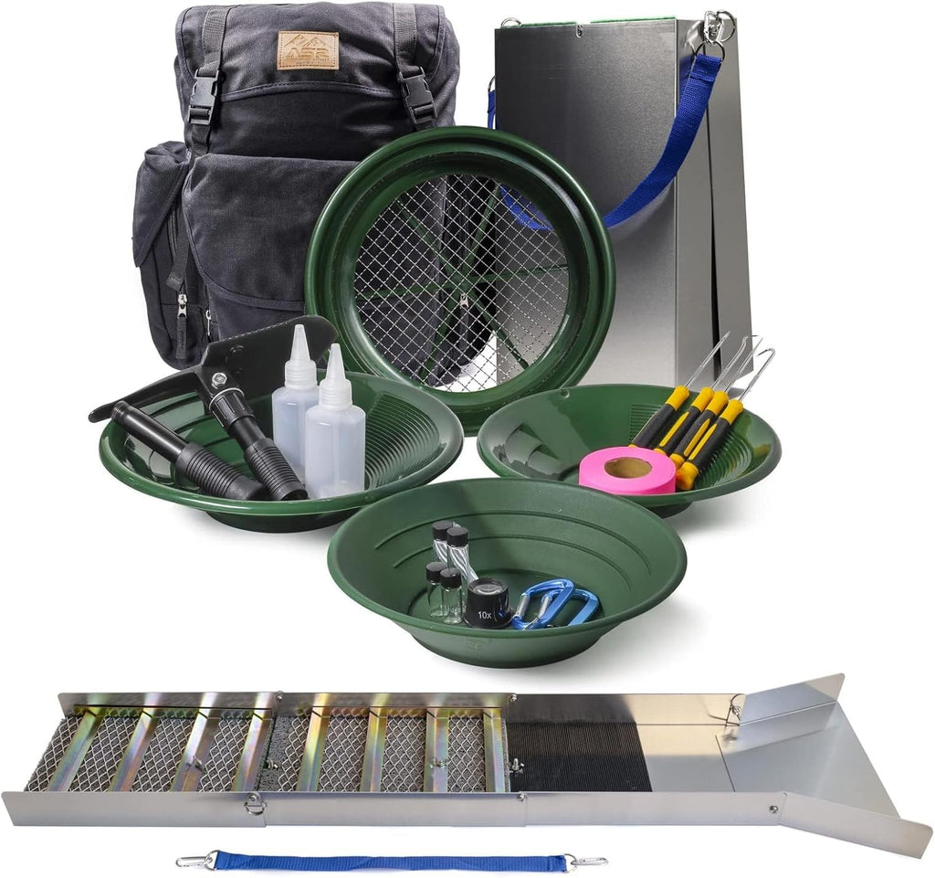 ASR Outdoor 24pc Deluxe 50' Aluminum Folding Gold Sluice Box Kit Gold Panning Tools and Backpack, Black