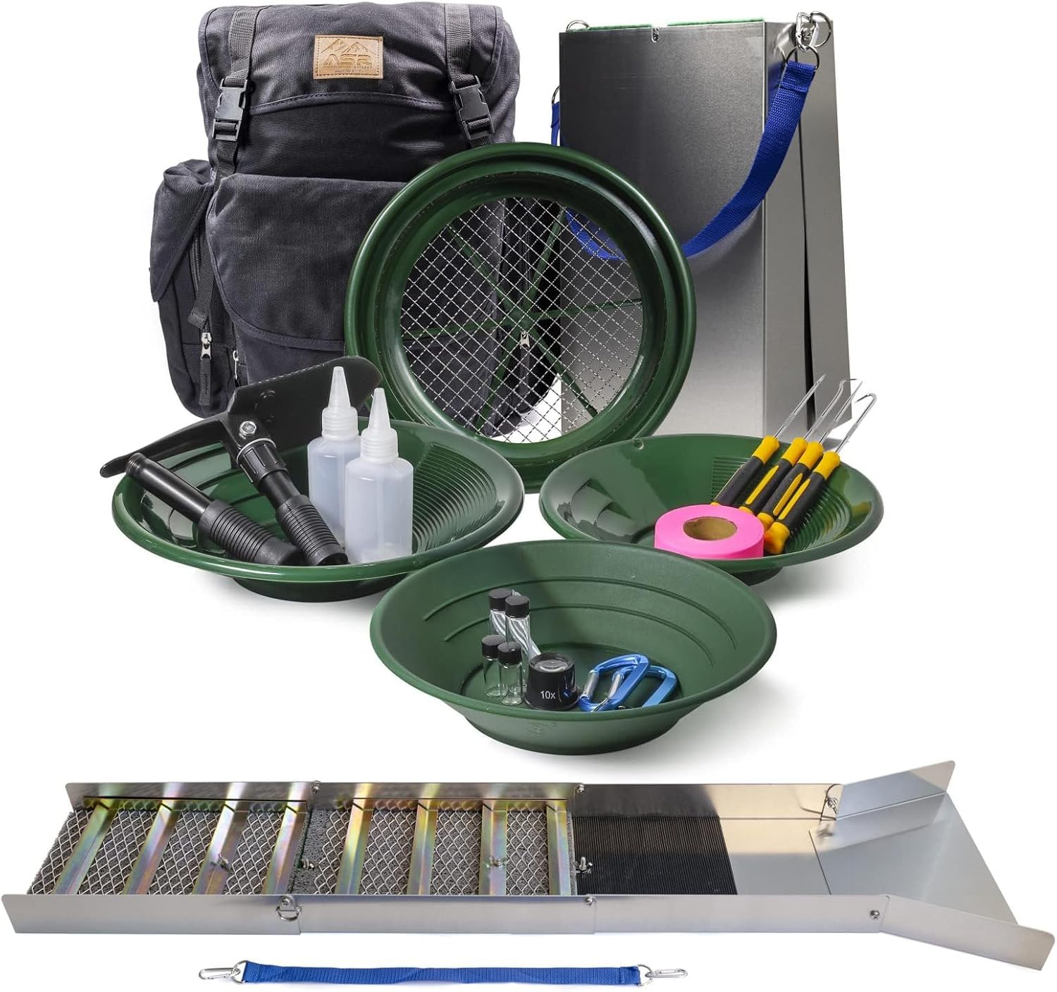 ASR Outdoor 24pc Deluxe 50' Aluminum Folding Gold Sluice Box Kit Gold Panning Tools and Backpack, Black
