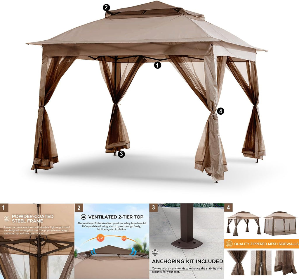 Patio Gazebo Outdoor Pop Up Gazebo with Curtains and Shelter for Patio, Party & Backyard (Kaki, 11x11)