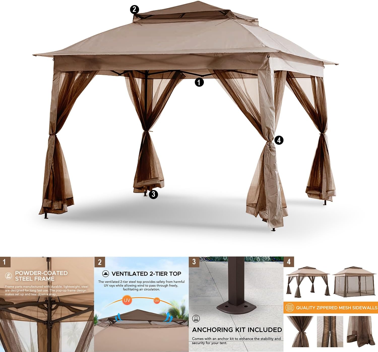 Patio Gazebo Outdoor Pop Up Gazebo with Curtains and Shelter for Patio, Party & Backyard (Kaki, 11x11)