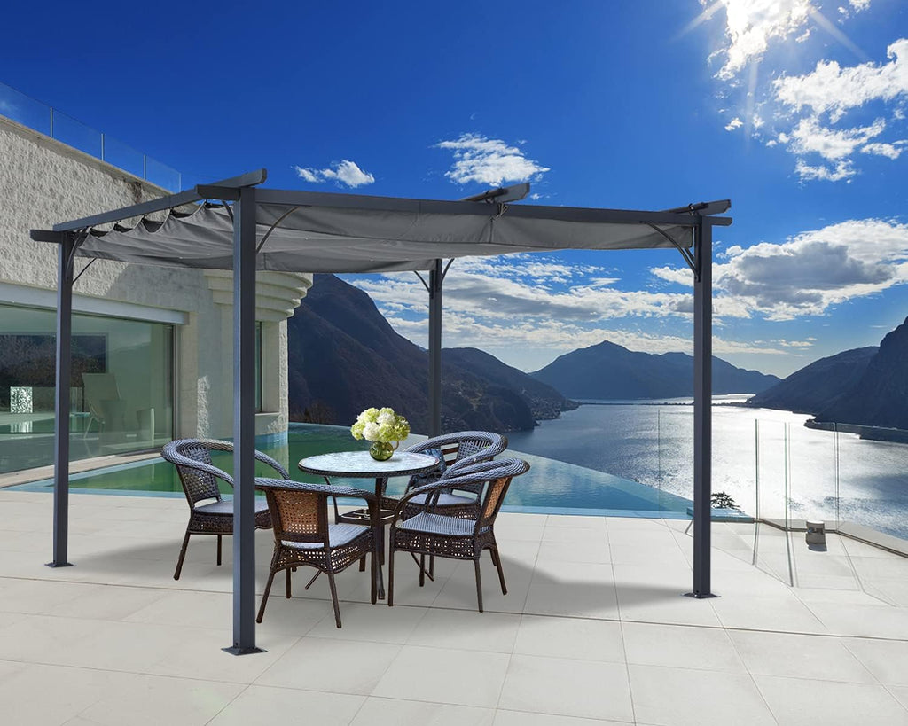 Patio Pergola with Retractable Shade - ABCCANOPY 10x10 Outdoor Retractable Pergola with Sun Shade Aluminum Shelter for Garden, Deck, Lawn, Porch & Backyard (Dark Gray)