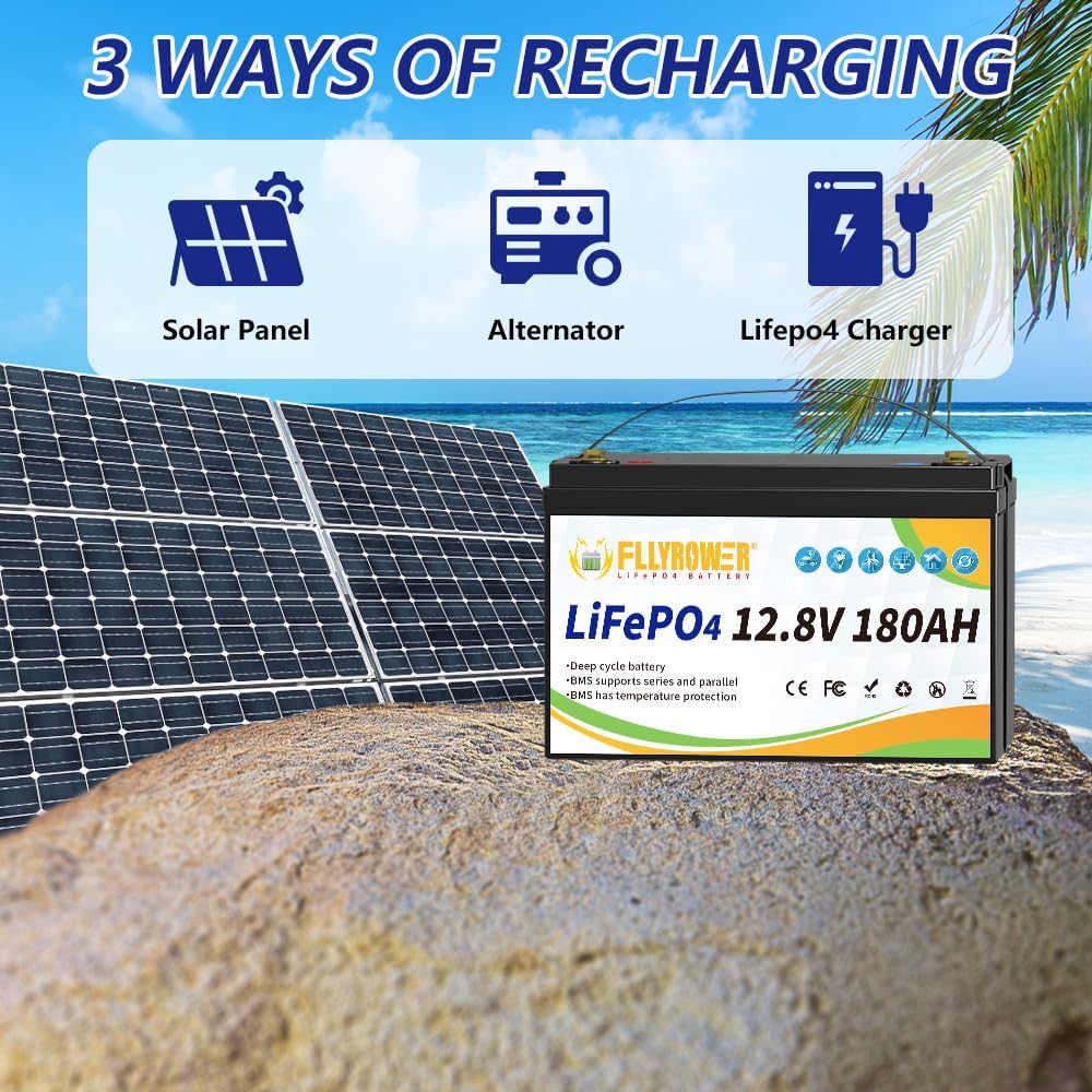 FLLYROWER 12V Lithium Battery 180AH With BMS and 16500 Deep Cycles 12V 180AH Lifepo4 Battery Grade A Cells for Marine Trolling Motor RV camping Solar Golf Cart Off-Grid