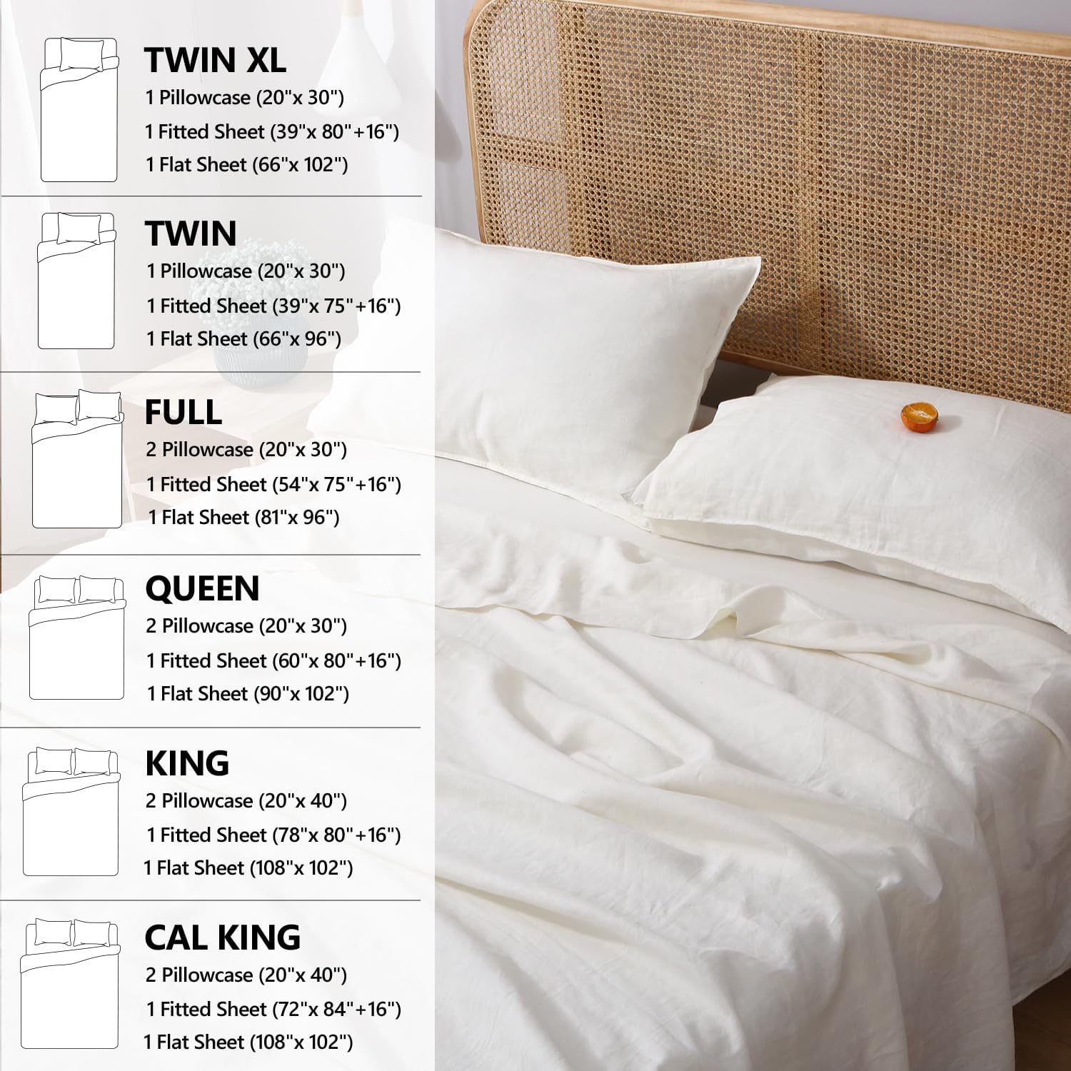 S VICTORY SYMBOL 100% Organic Linen Sheets Set Twin XL,Pure Natural French Linen Bed Sheets 3pcs,Beathable and Durable,Deep Pocket Bedding,Creamy White