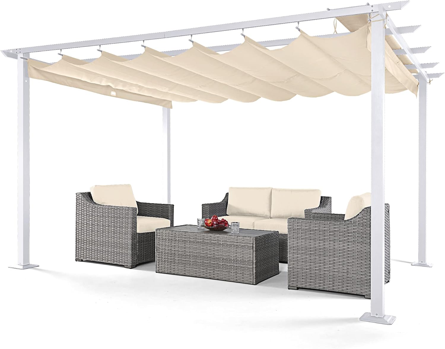 HAPPATIO 10' X 13' Pergola Retractable Canopy with White Frame for Backyards, Gardens, Patios, Outdoor Pergola with Sun Shade Canopy (Beige)
