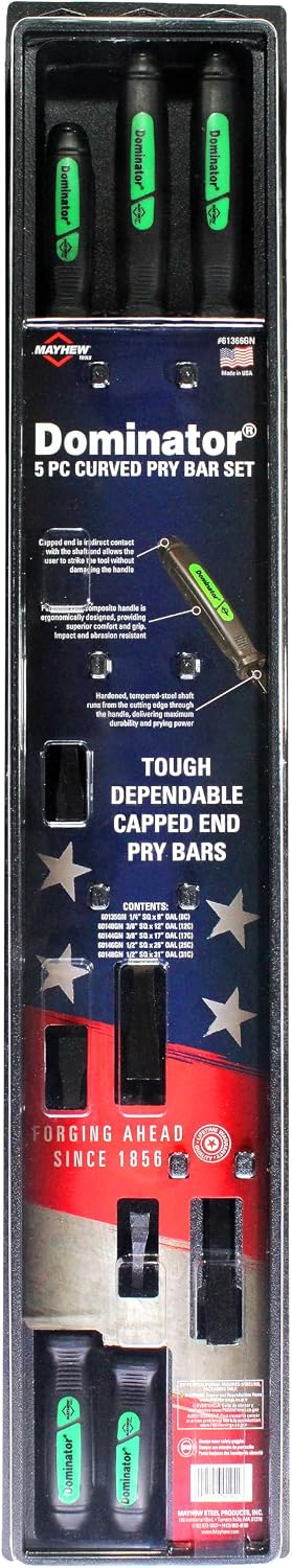 Mayhew Tools 61366GN Dominator Pry Bar Set, 8', 12', 17', 25' & 31' Curved Pry Bars, Green
