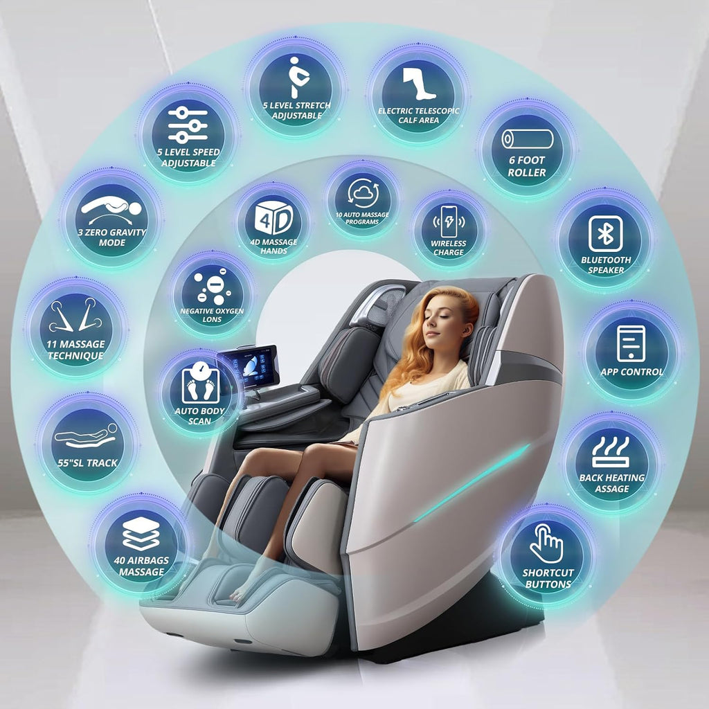 HealthRelife 4D Massage Chair Full Body Zero Gravity Recliner - 55' SL-Track,20 Auto Modes,11 Massage Technique,40 Airbags Massage,with Yoga Stretch,APP Control,Negative Oxygen lons（Grey）